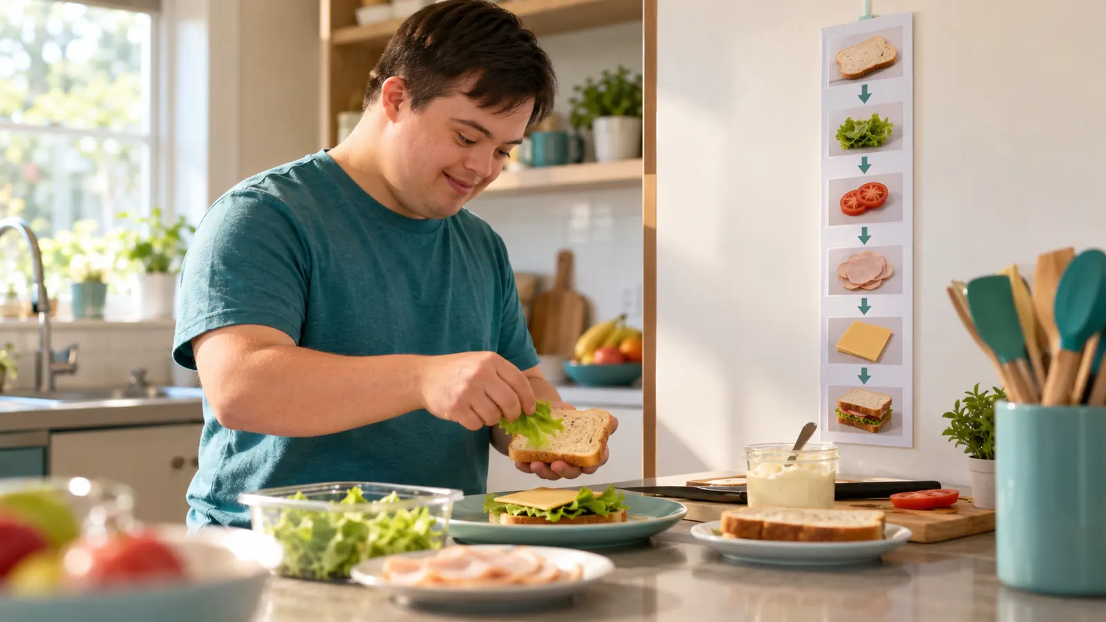 Young adult learning to make a sandwich step by step