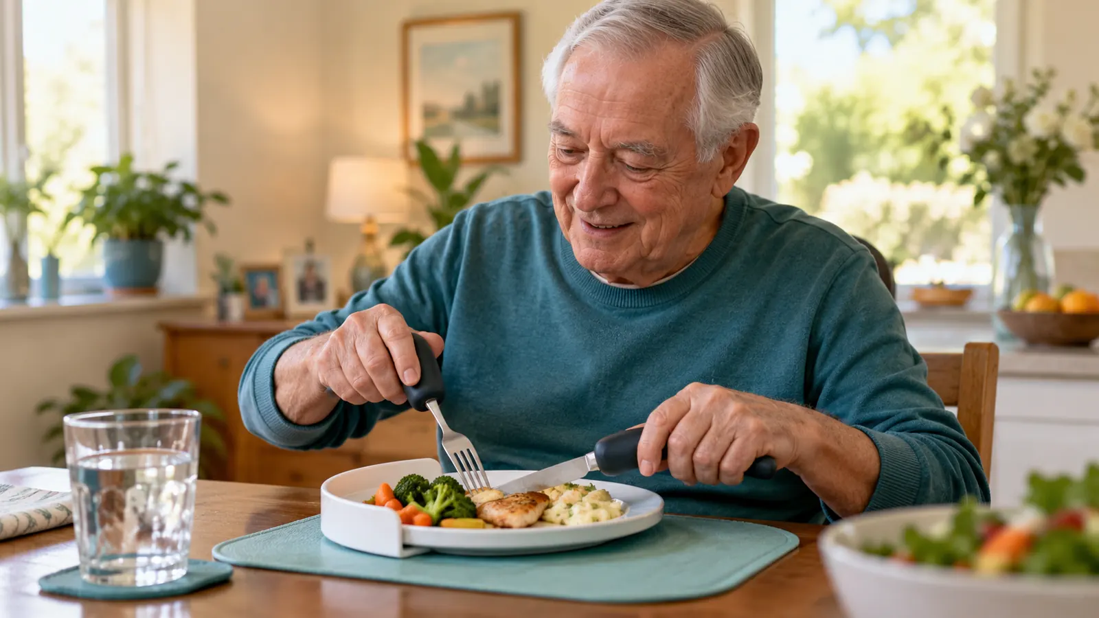 Older adult using adaptive cutlery and a plate guard
