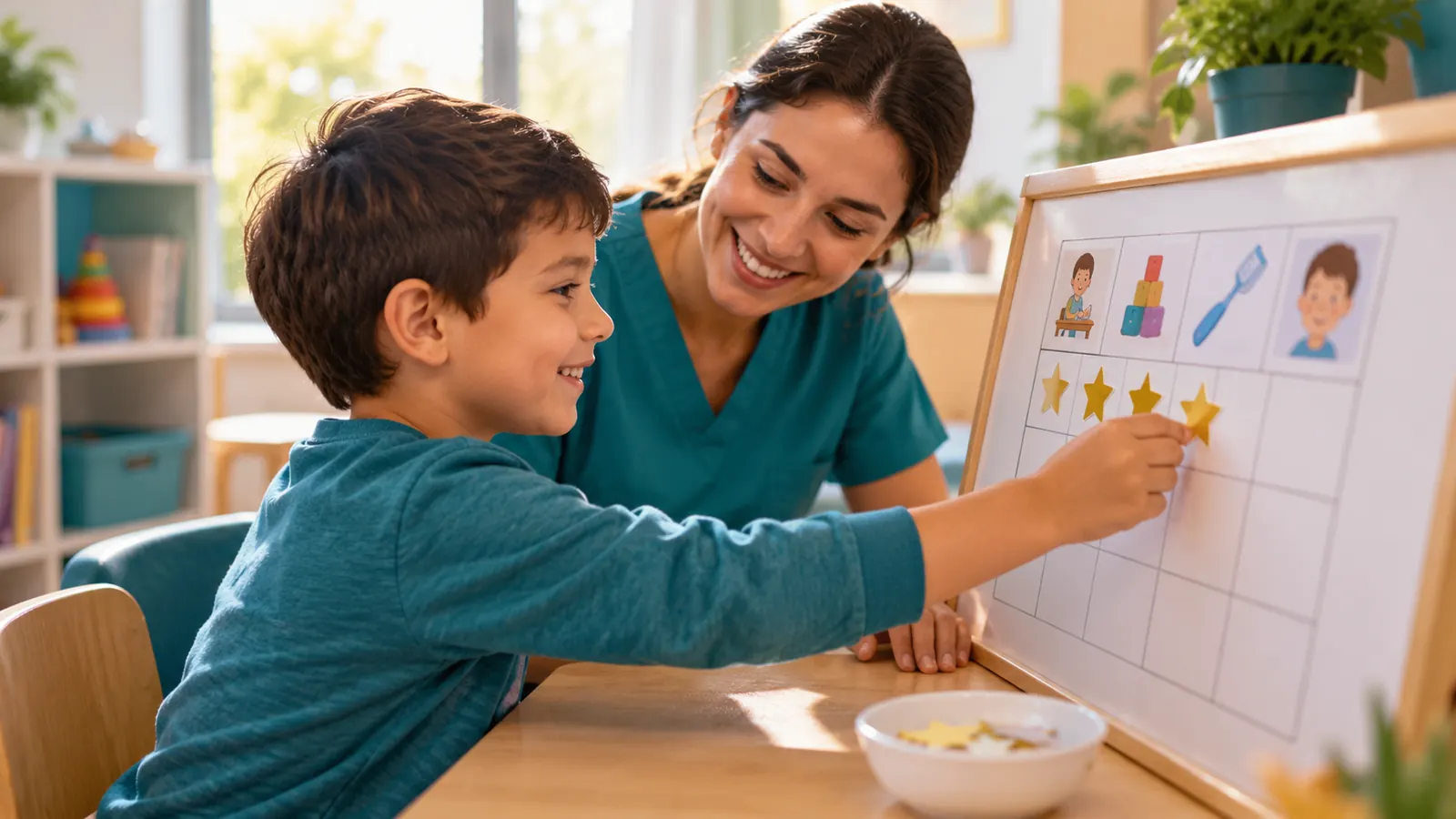 Child using a token chart during occupational therapy