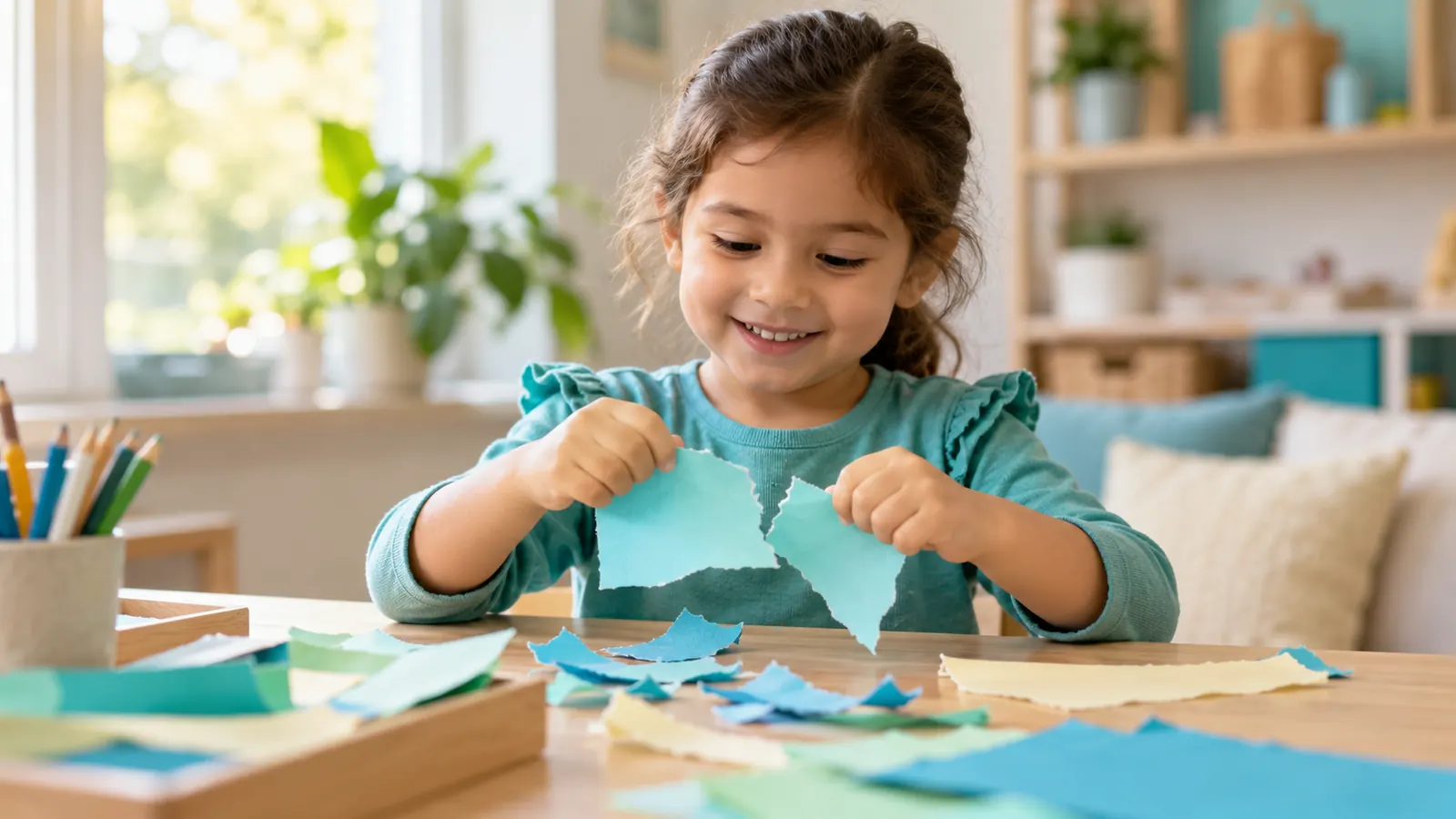 Child using both hands together in a bilateral coordination activity