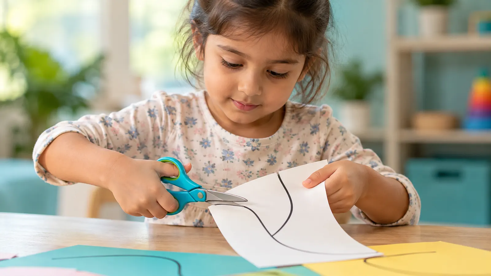 Preschooler practising cutting with child-safe scissors