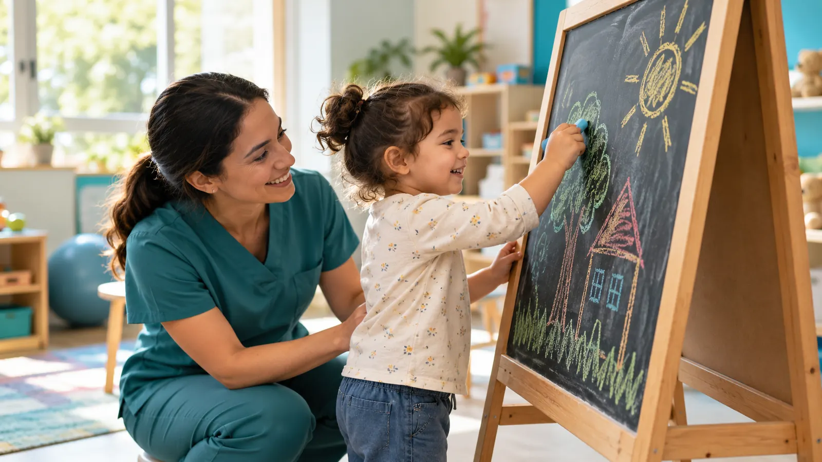 Child drawing on a vertical easel during developmental play