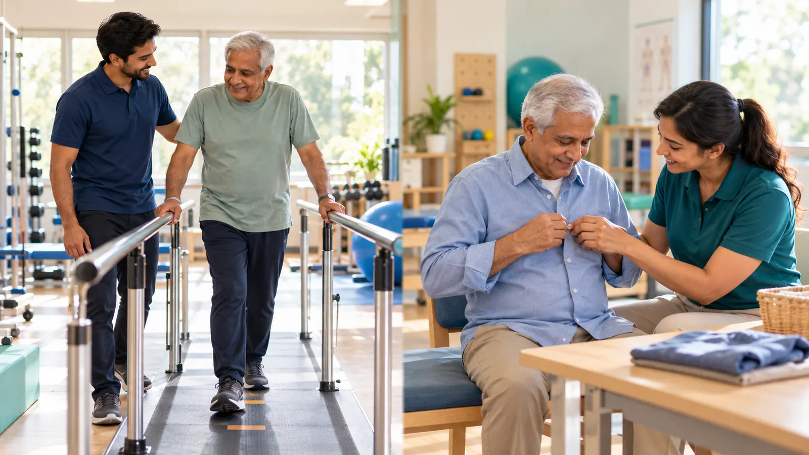 Physical therapist doing gait training and occupational therapist practising dressing with the same client