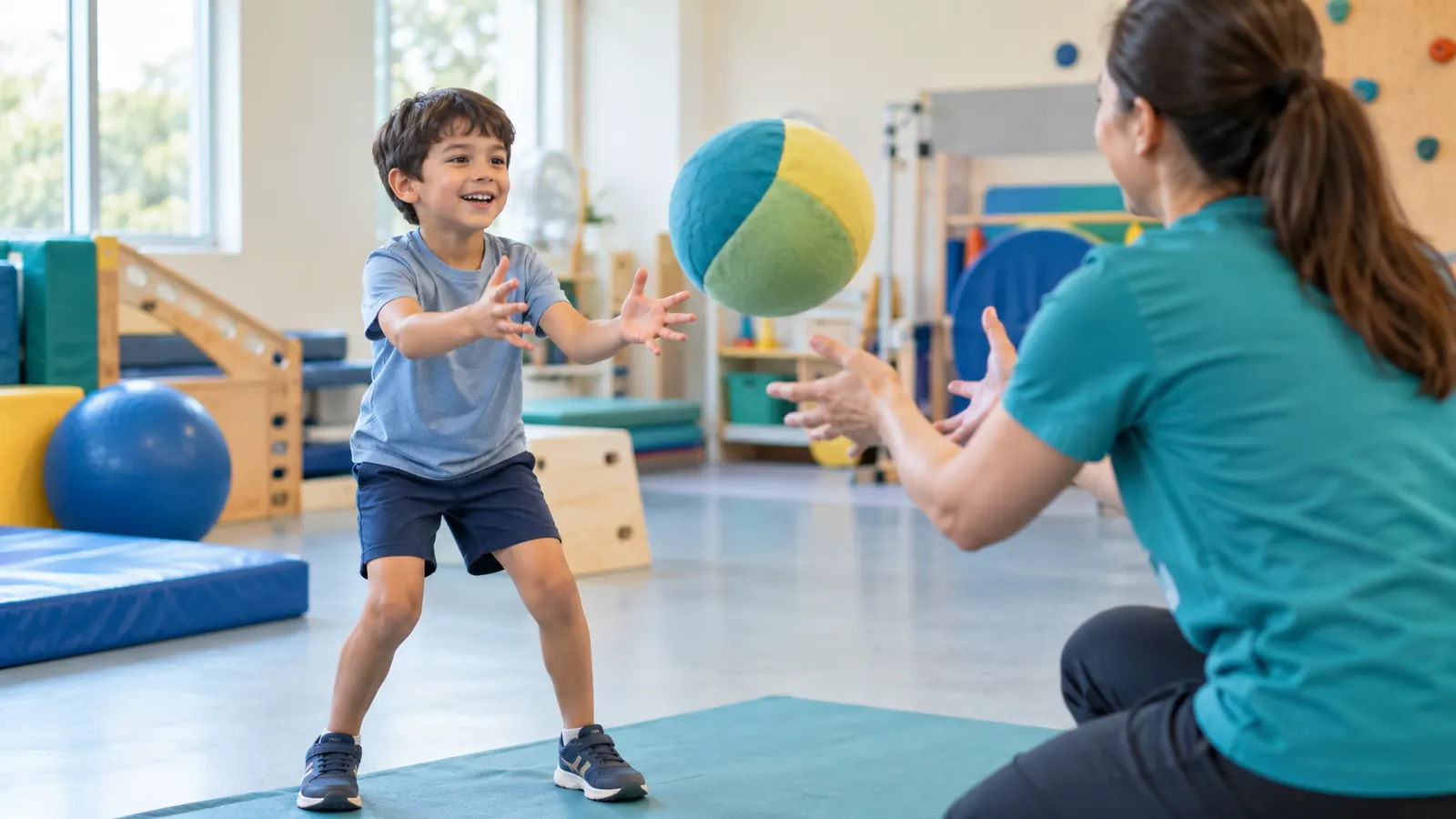 Child with DCD practising ball catching with an occupational therapist