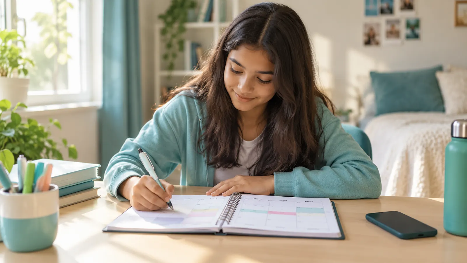 Teenager using a weekly planner to manage schoolwork