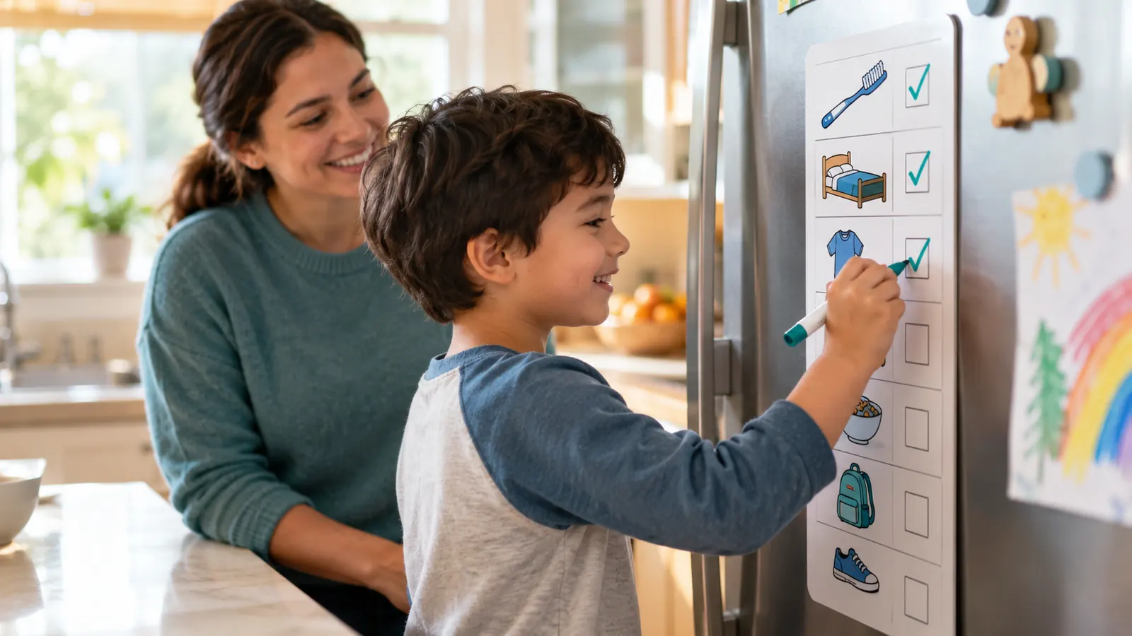 Child using a morning routine checklist to build executive function