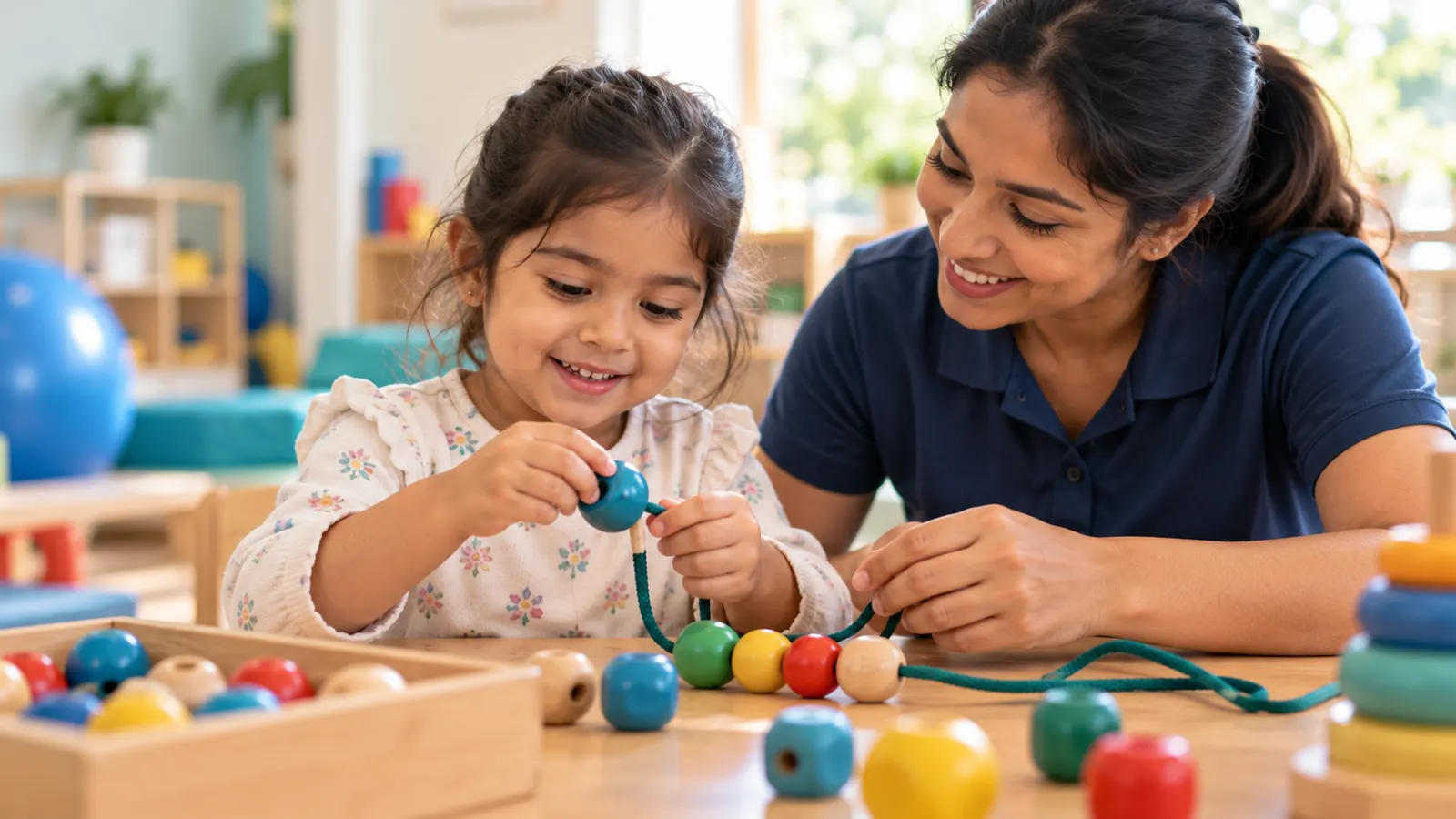 Child's hands threading beads to build fine motor skills