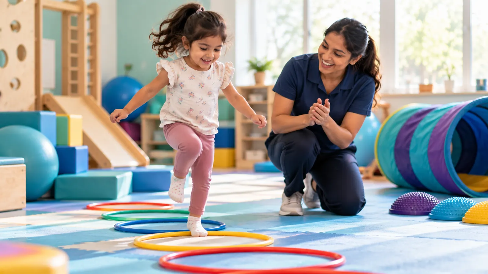 Child hopping through hoops to practise gross motor skills