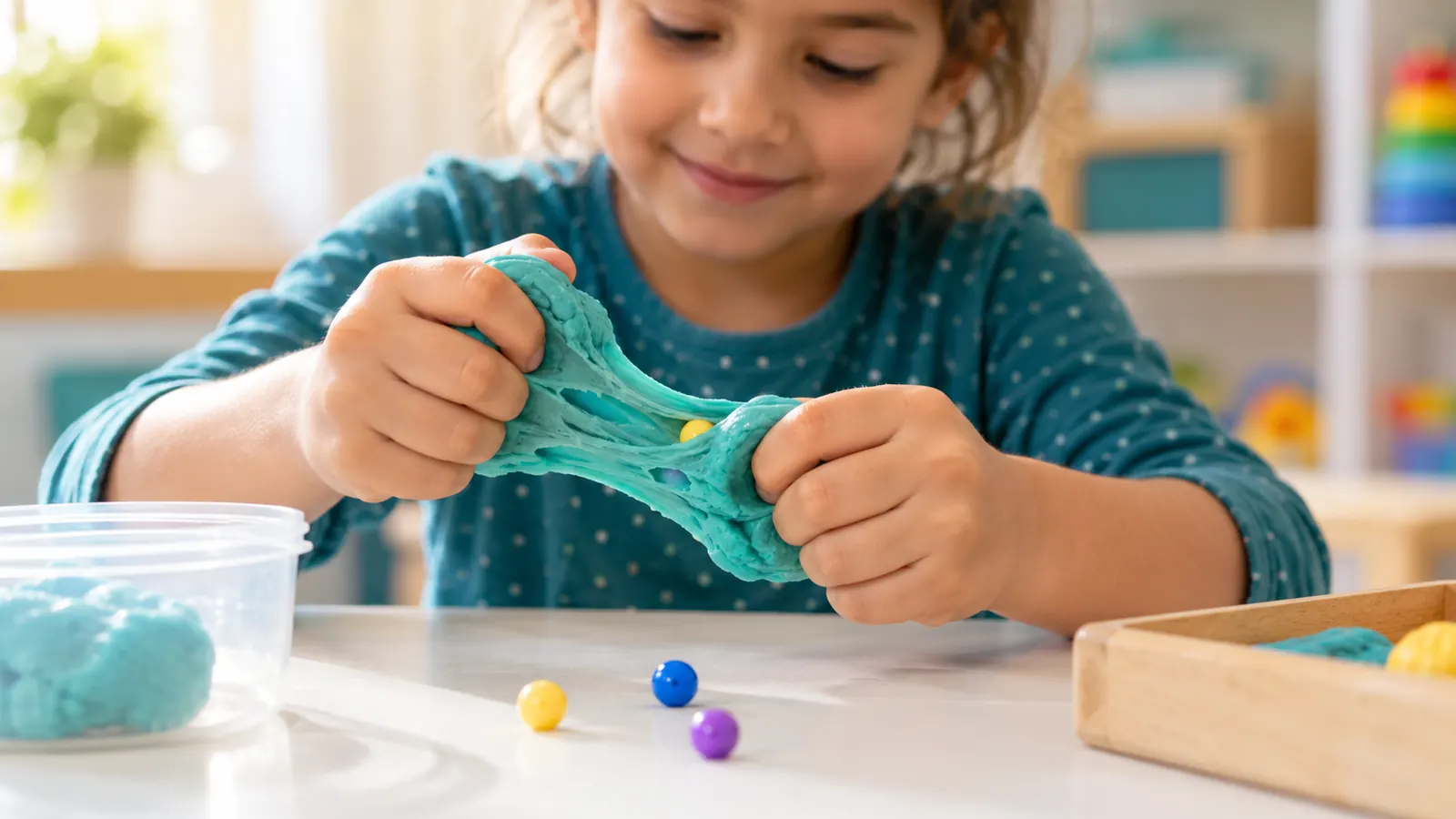 Child squeezing therapy putty to strengthen hands