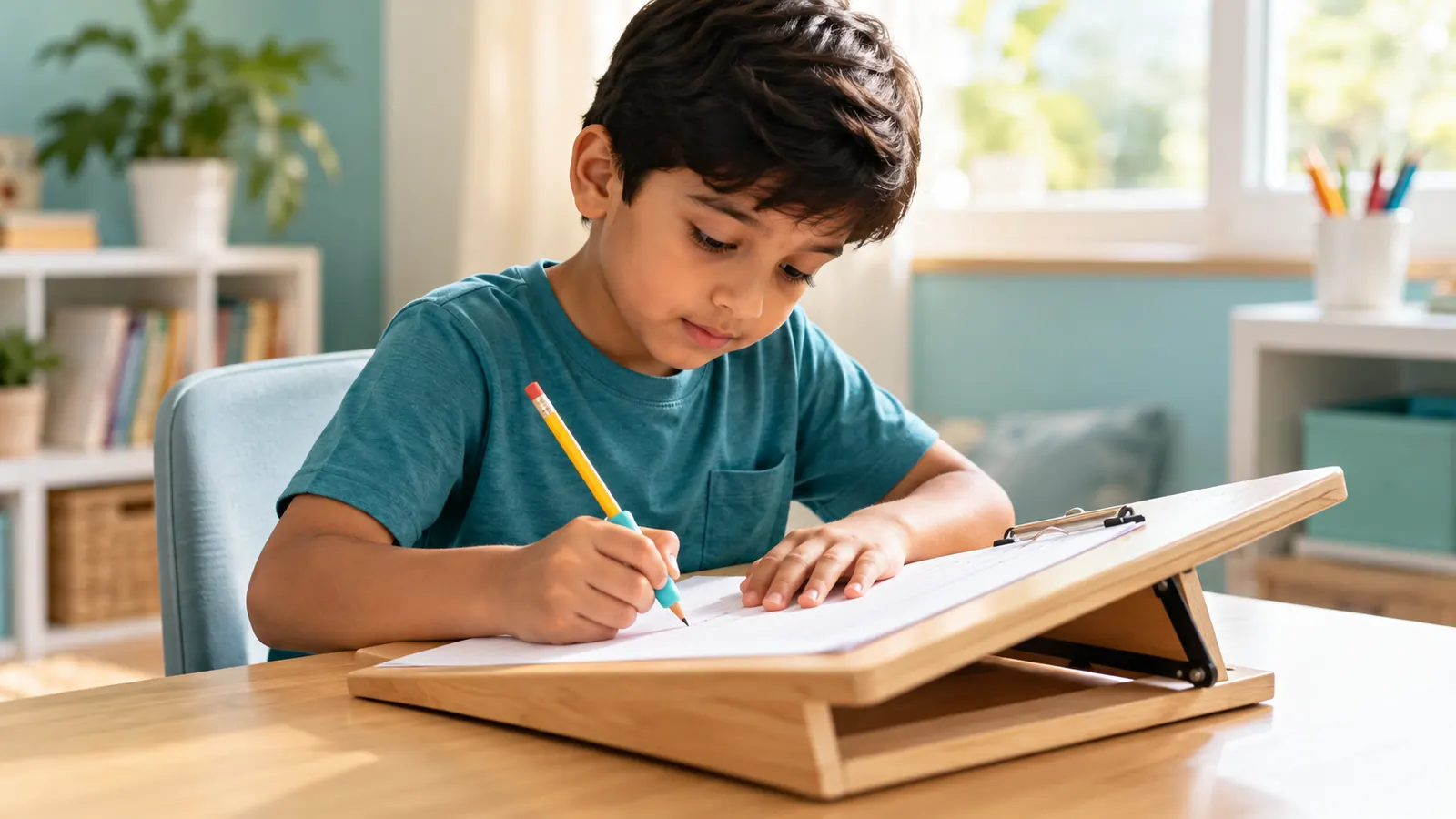 Child practising handwriting on a slanted board