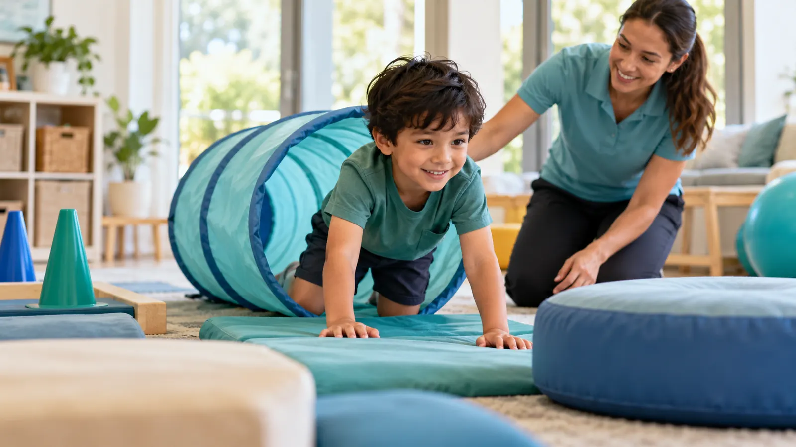Child moving through an obstacle course to build motor planning
