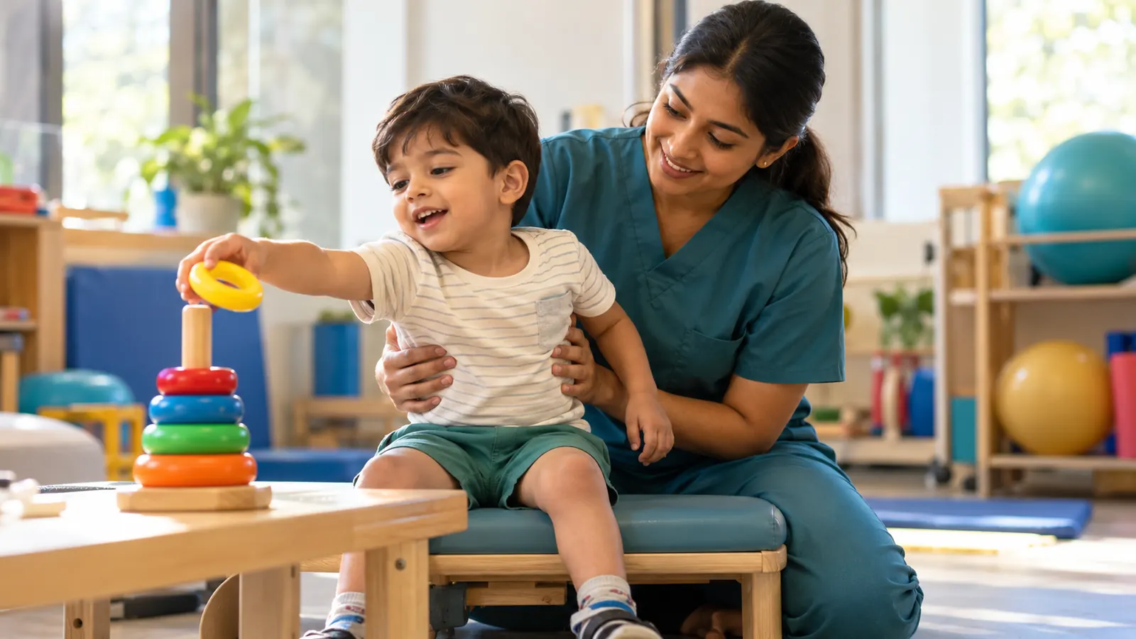 Occupational therapist supporting a child's sitting balance