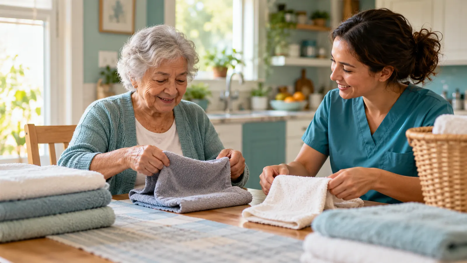 Older adult with dementia folding towels as a meaningful activity