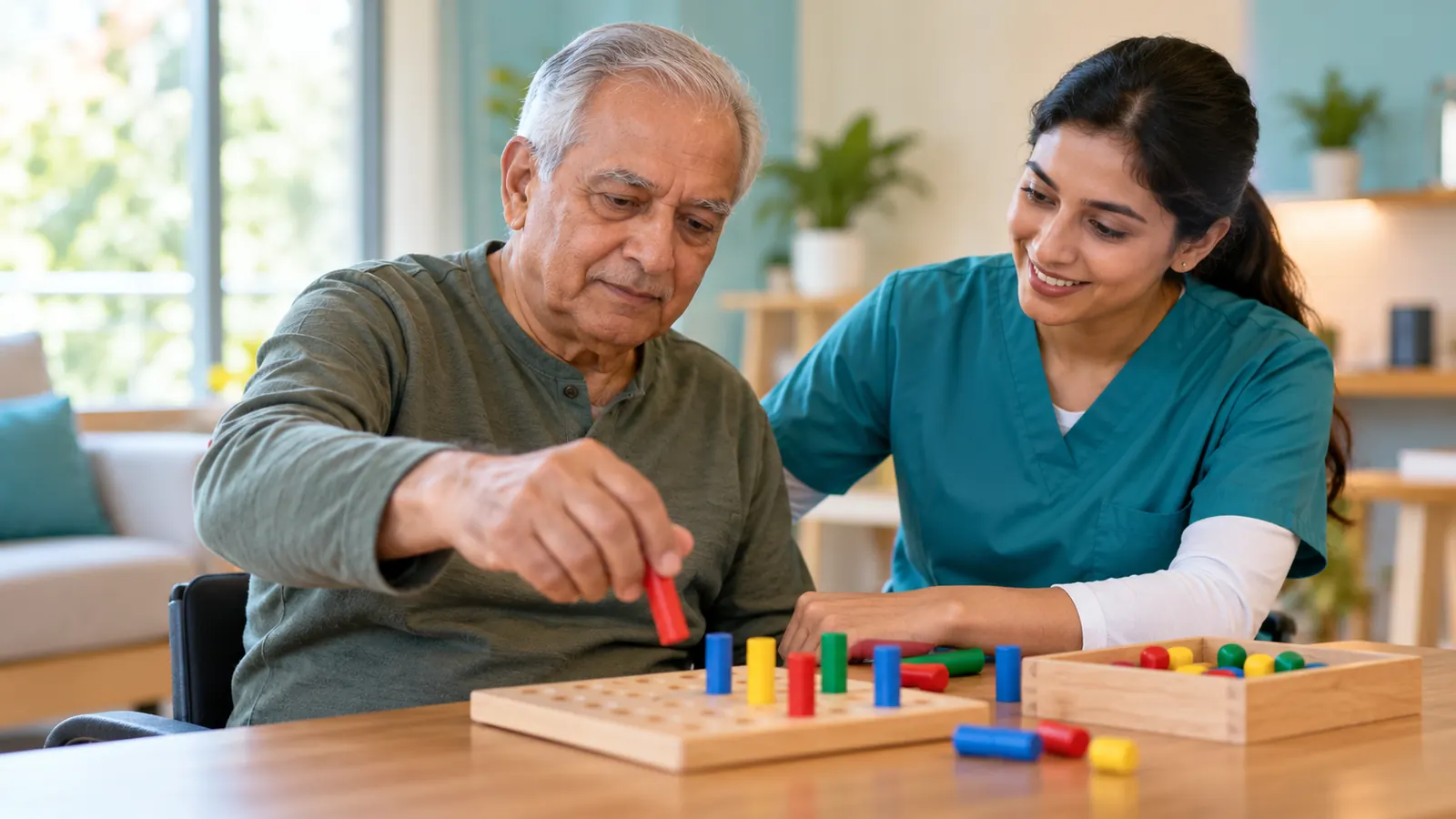 Stroke survivor practising hand activities with an occupational therapist