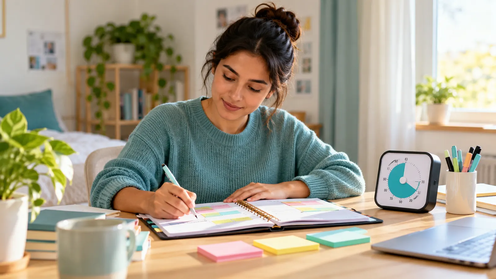 Adult with ADHD using a planner and timer to manage time