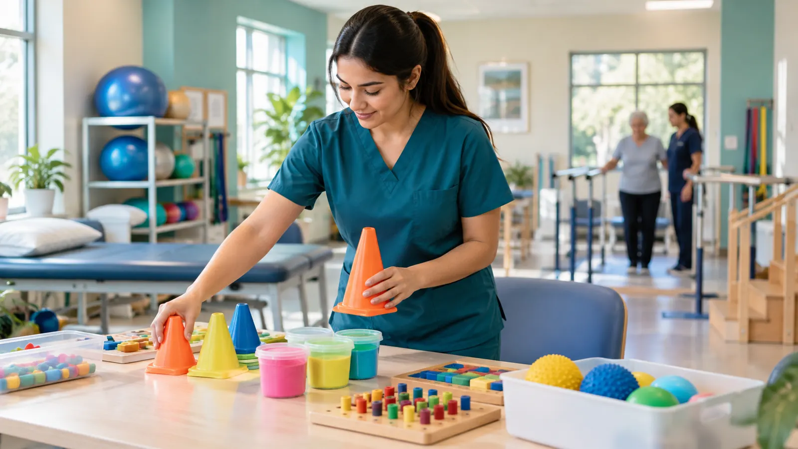 Occupational therapy aide preparing a treatment area