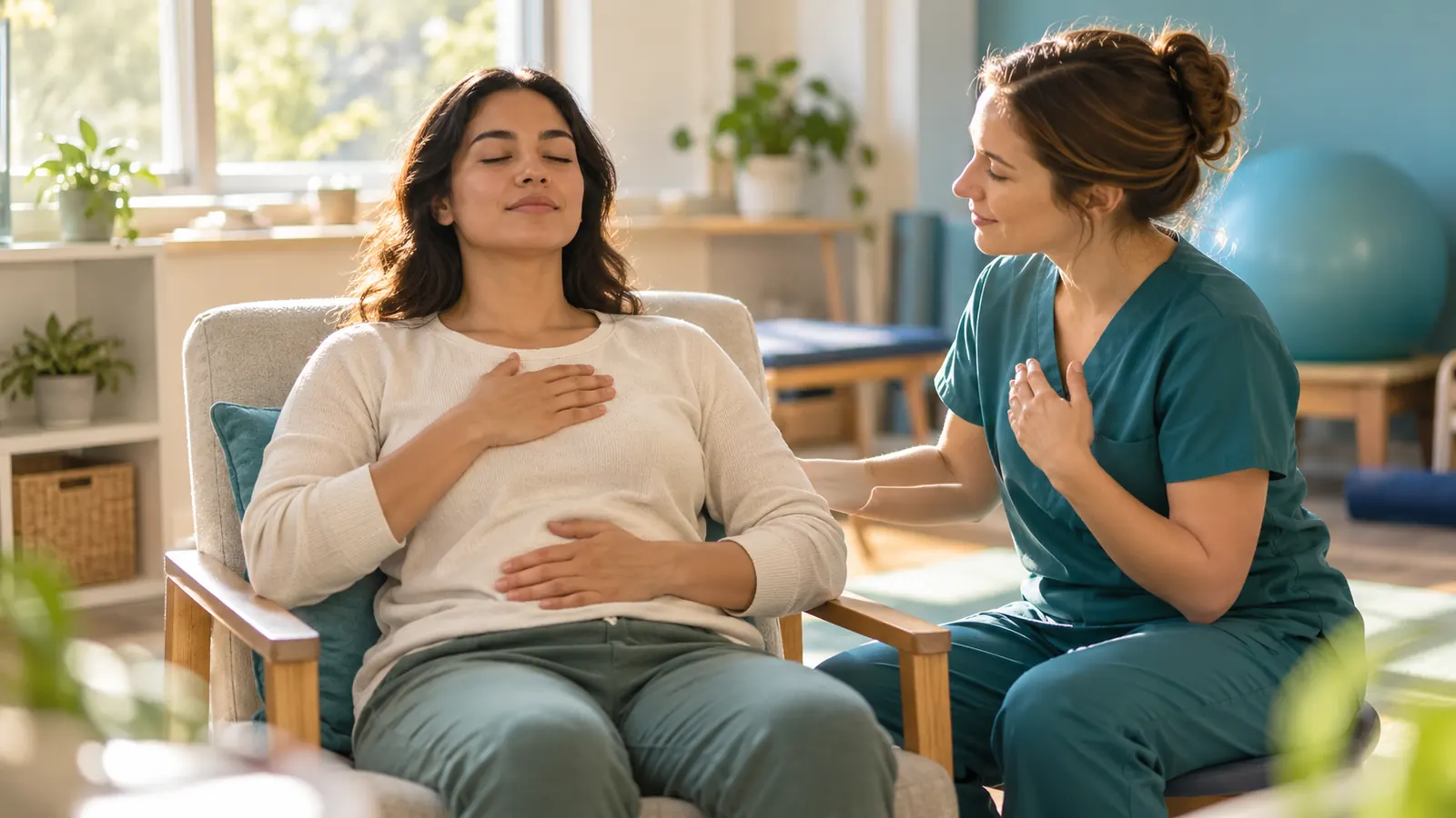 Adult practising relaxation breathing with an occupational therapist
