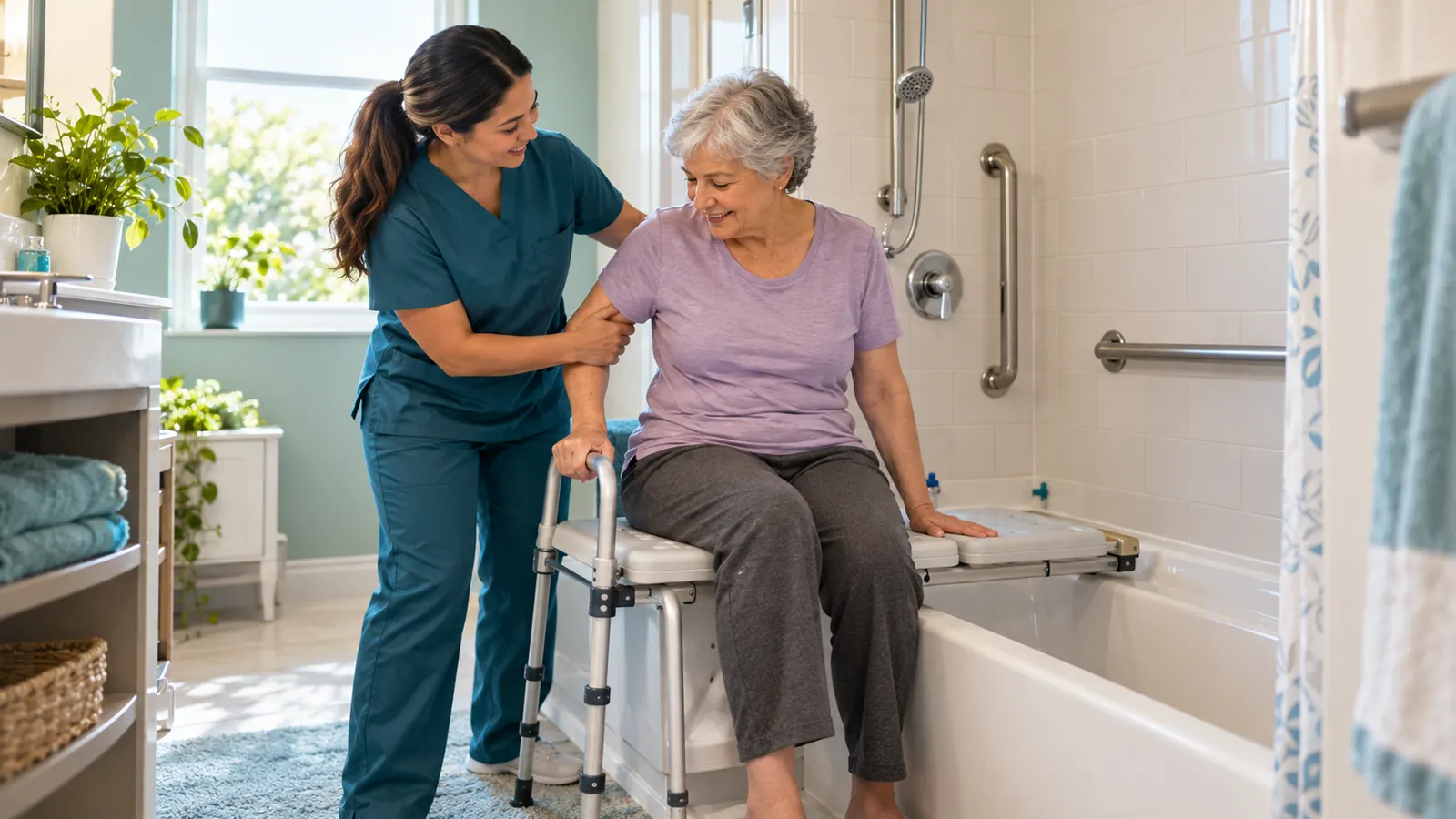 Occupational therapy assistant helping an older adult with a tub bench transfer