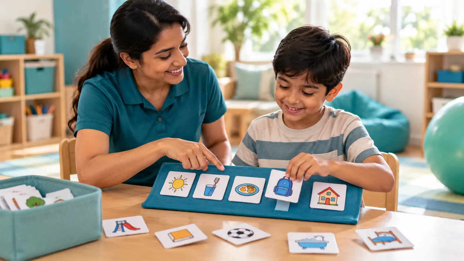 Occupational therapist and child using a visual schedule