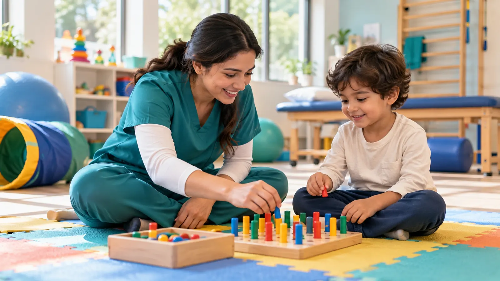 Occupational therapist playing a fine motor game with a child