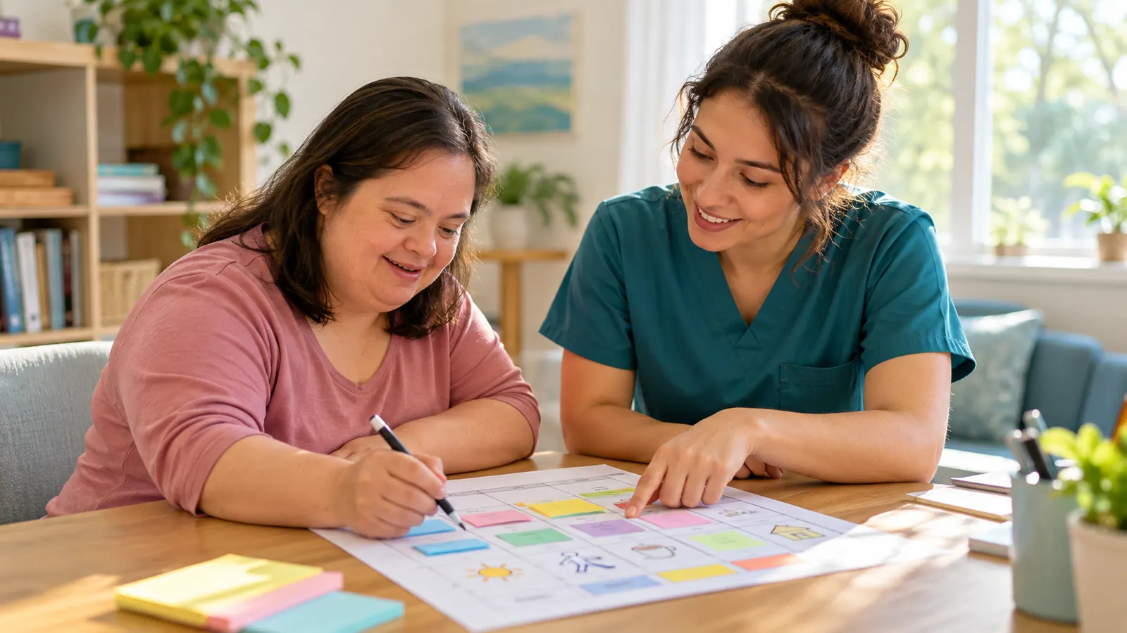 Adult planning a weekly activity schedule with an occupational therapist