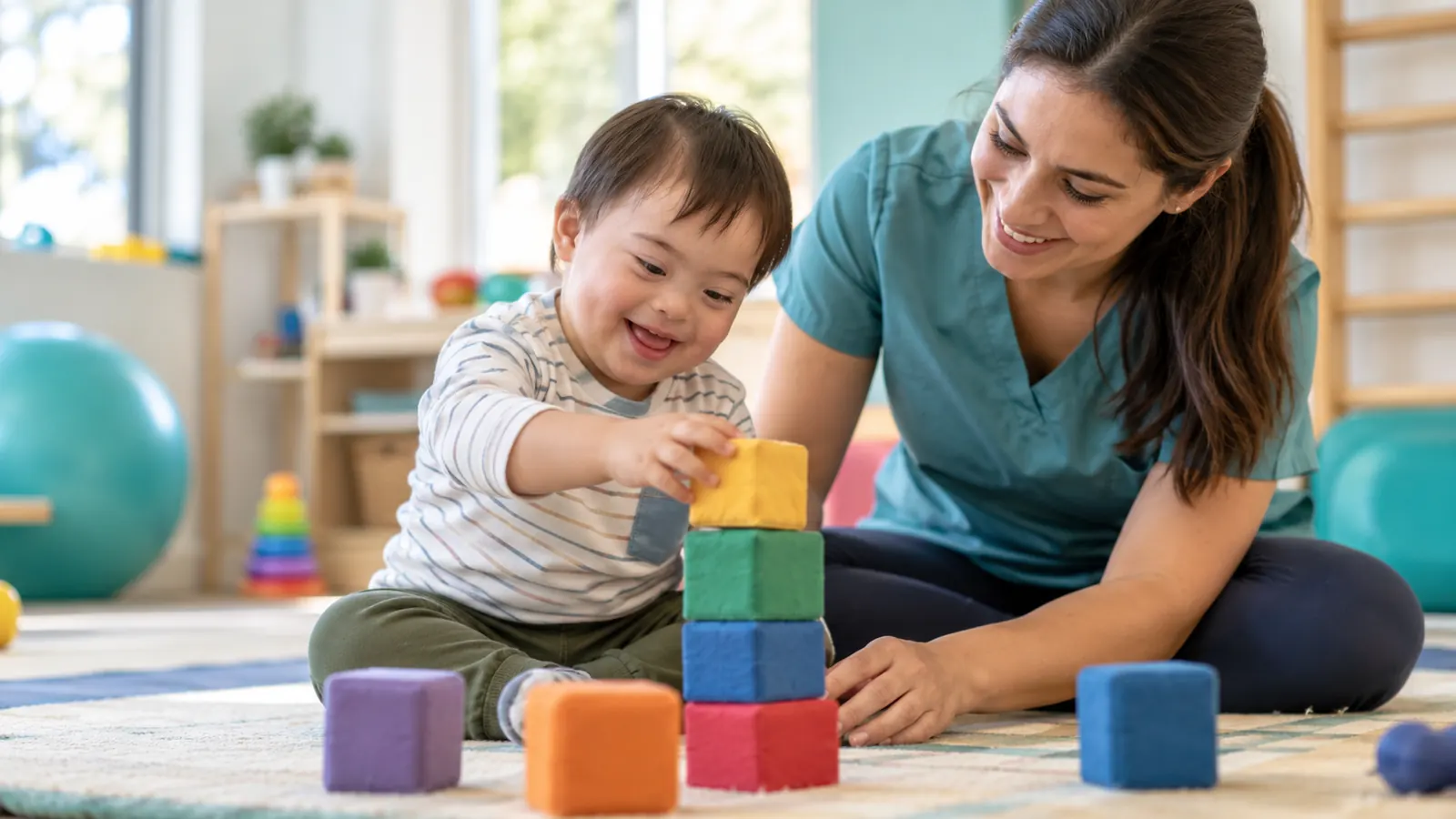 Child with Down syndrome stacking blocks during occupational therapy