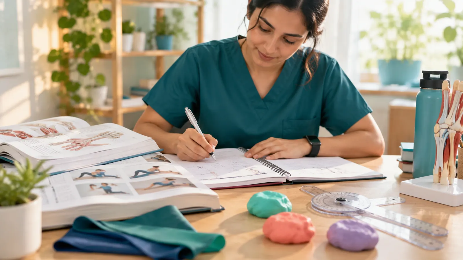 Occupational therapy textbooks and treatment plan on a desk
