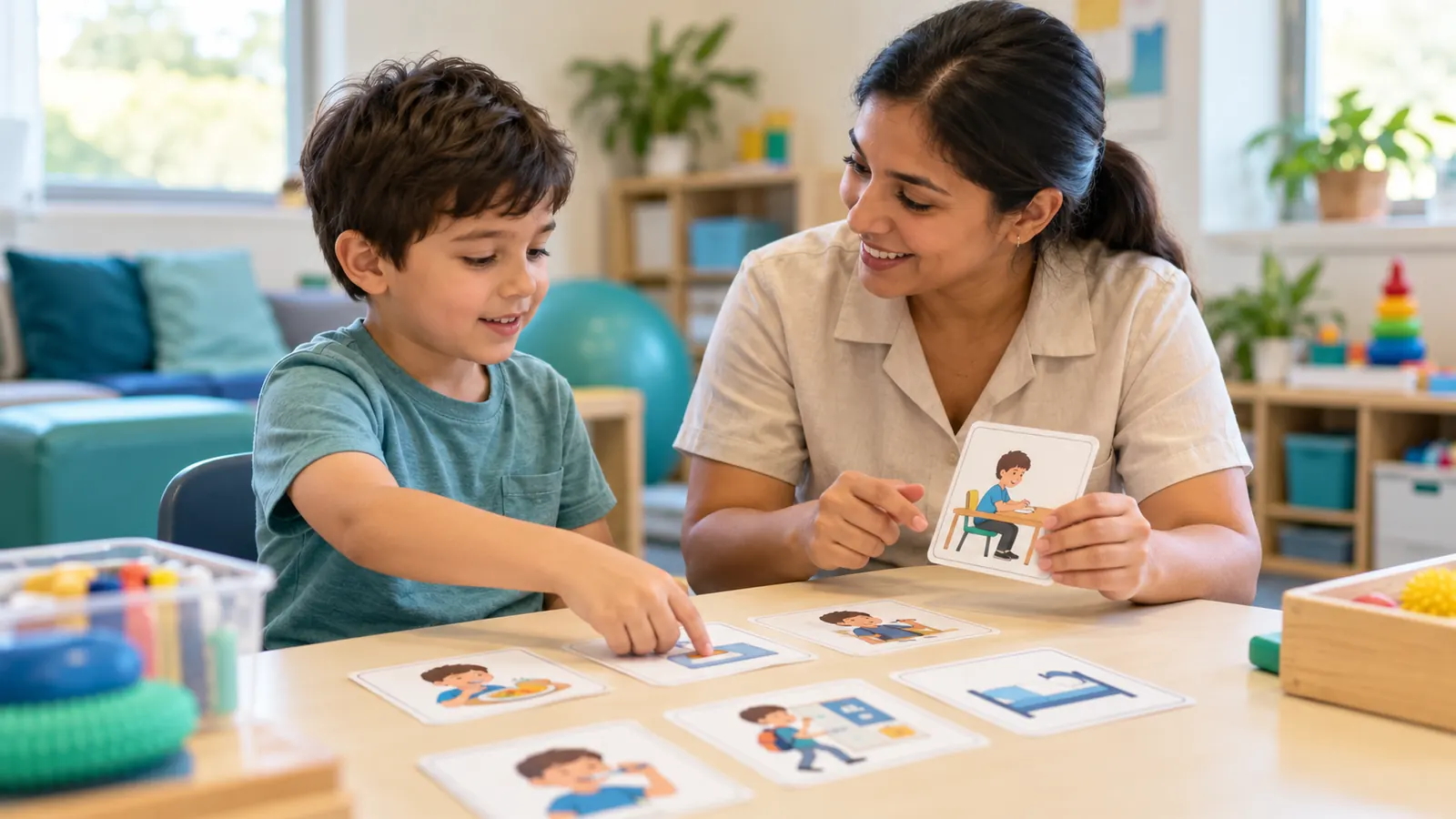 Occupational therapist and autistic child choosing goals with picture cards