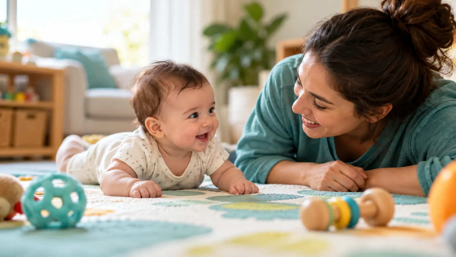 Baby doing supervised tummy time with a parent