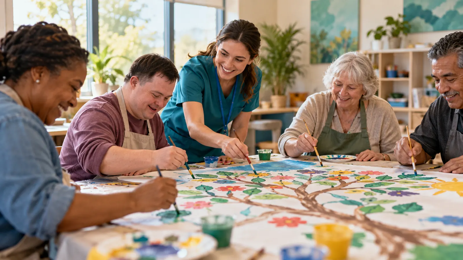 Occupational therapy group creating a mural together
