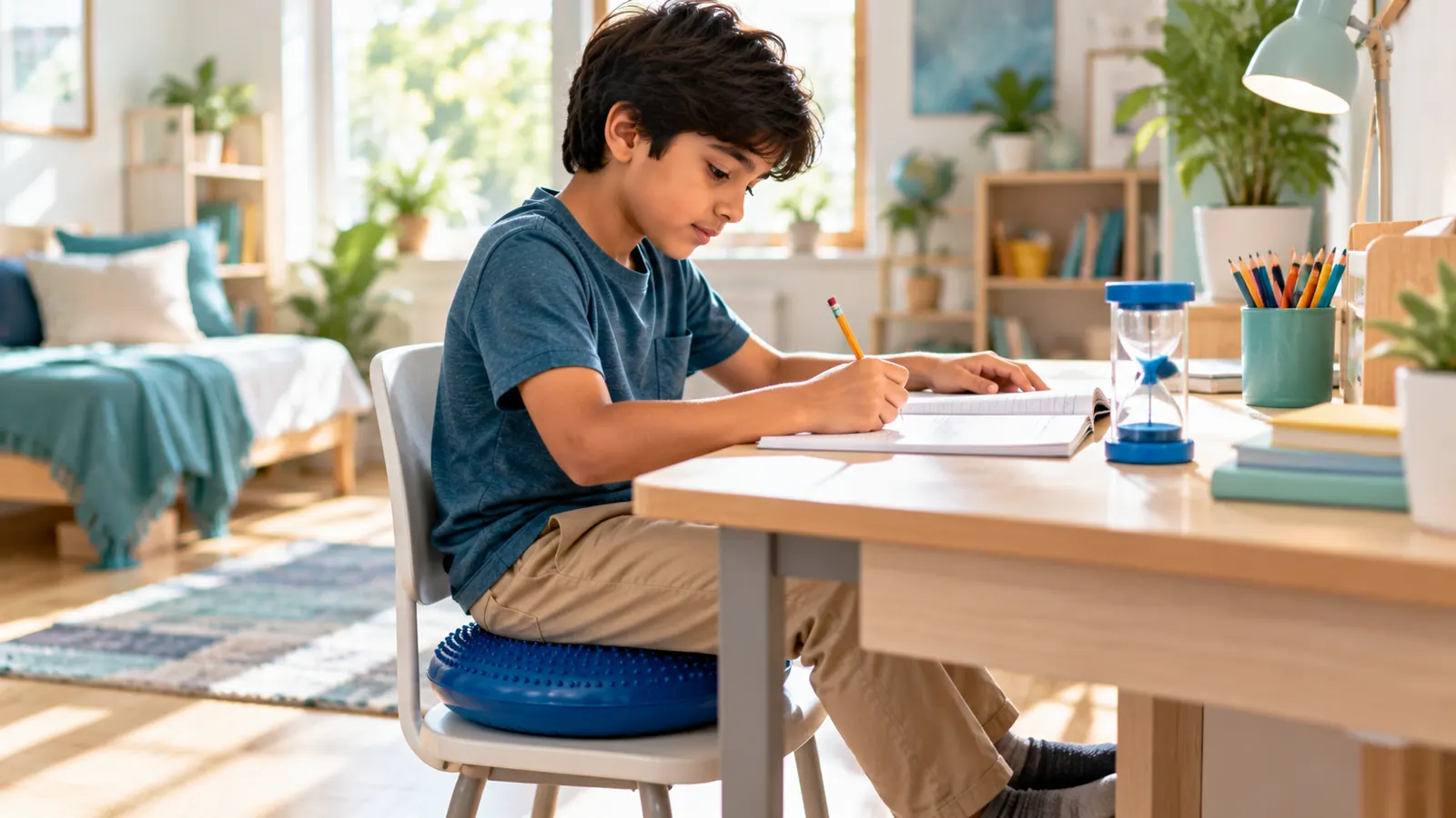 Child with ADHD using a wobble cushion and timer during homework