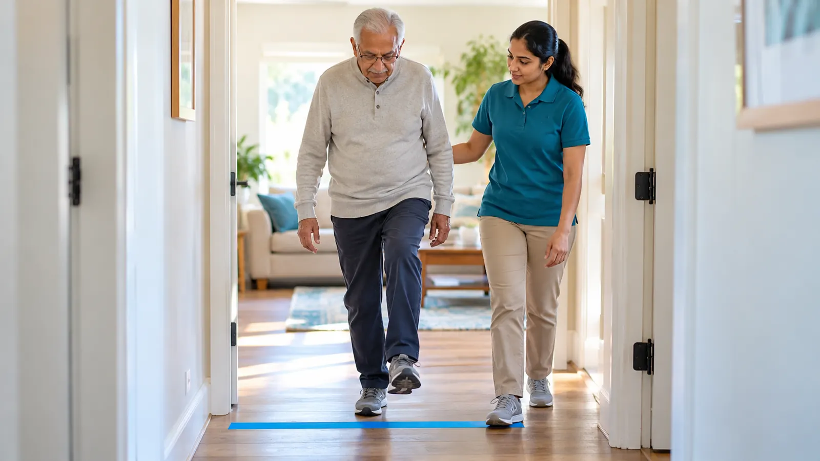 Person with Parkinson's using a floor-line cue