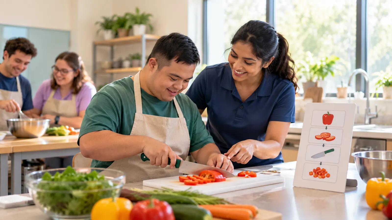 Occupational therapist guiding a cooking group as part of life skills training