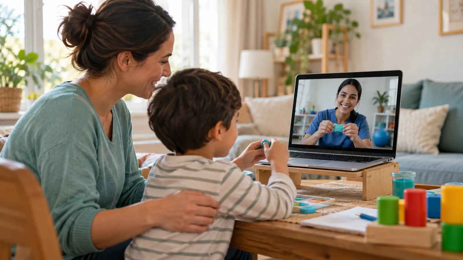 Parent and child in an online occupational therapy session