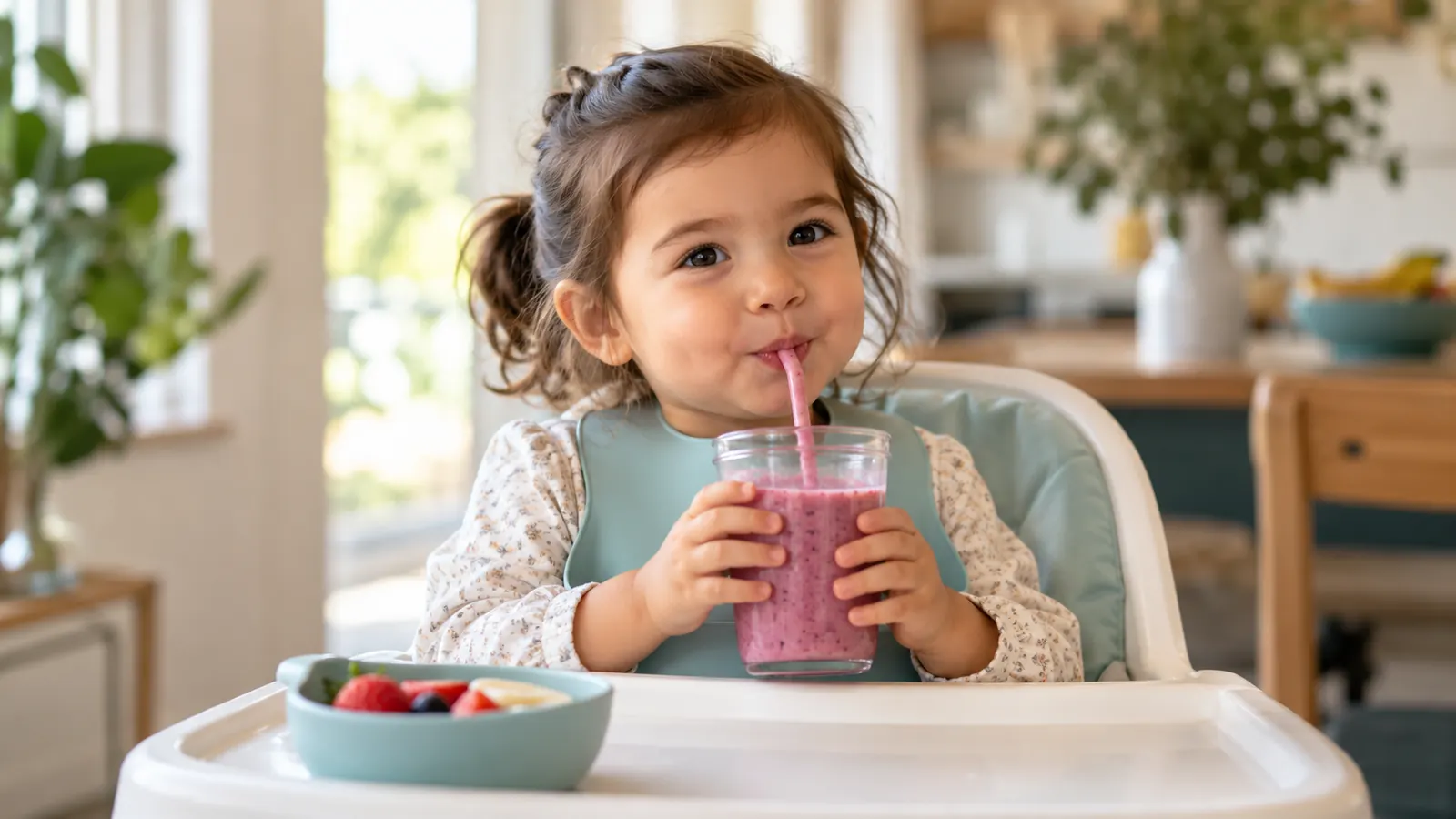 Toddler practising oral motor skills drinking through a straw