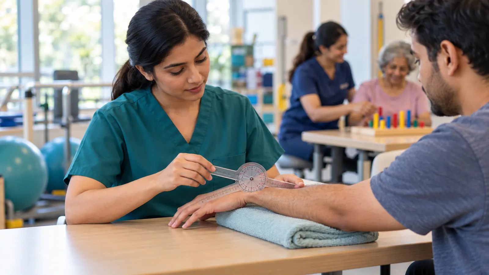 Occupational therapist doing an evaluation while an OTA leads treatment