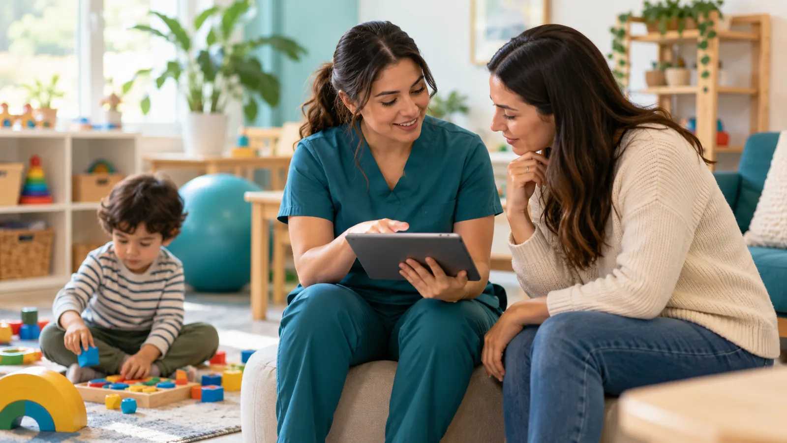 Occupational therapist reviewing therapy goals with a parent
