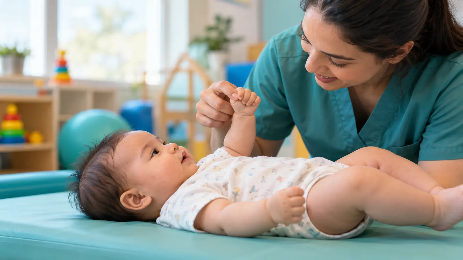 Therapist checking a baby's grasp reflex