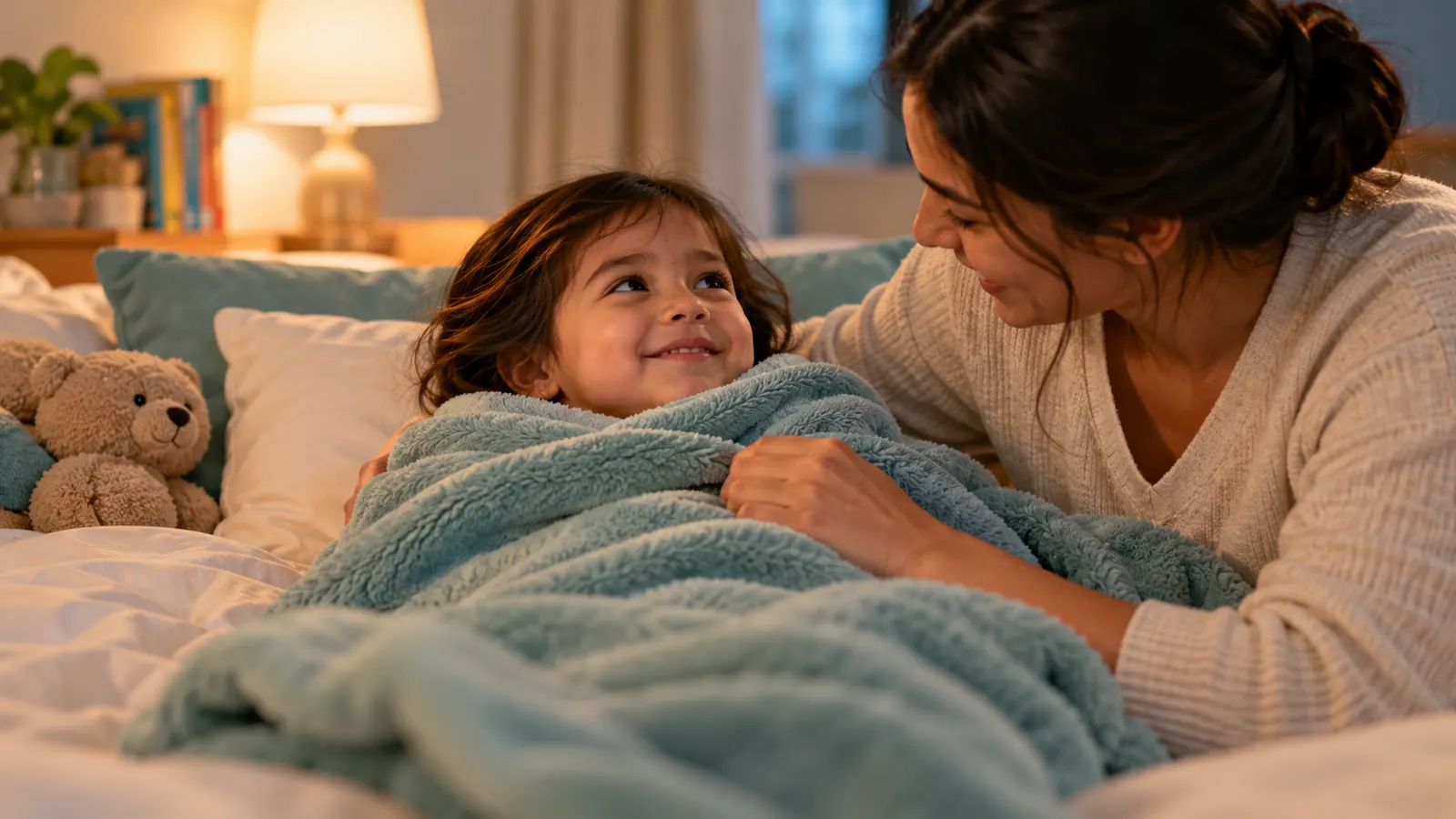 Child in a calming blanket wrap before bed