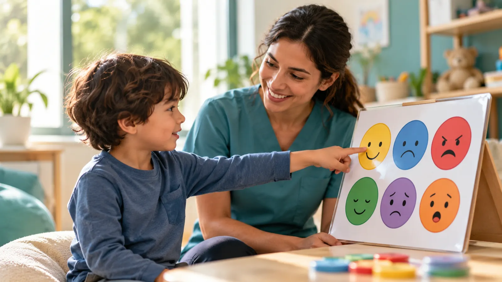 Child using a feelings chart for self-regulation