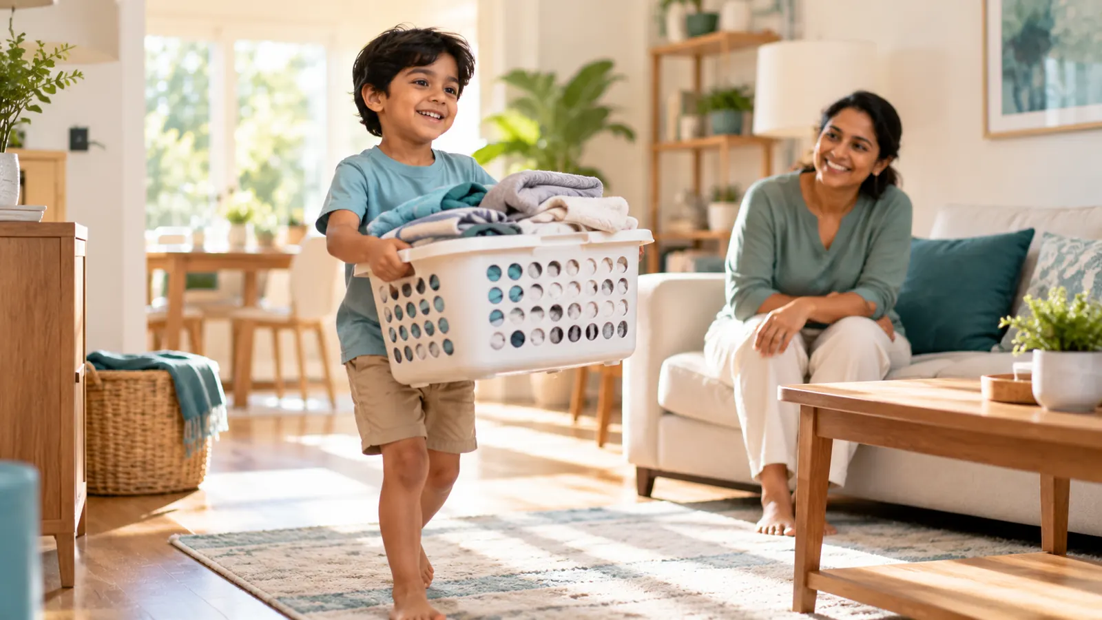 Child carrying a laundry basket as a heavy-work activity in a sensory diet
