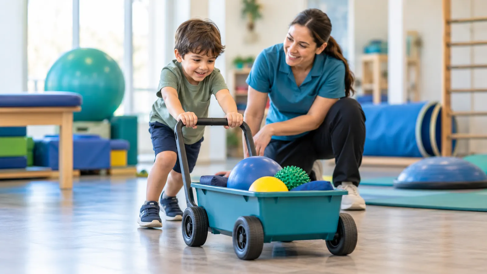 Child pushing a weighted cart for proprioceptive input