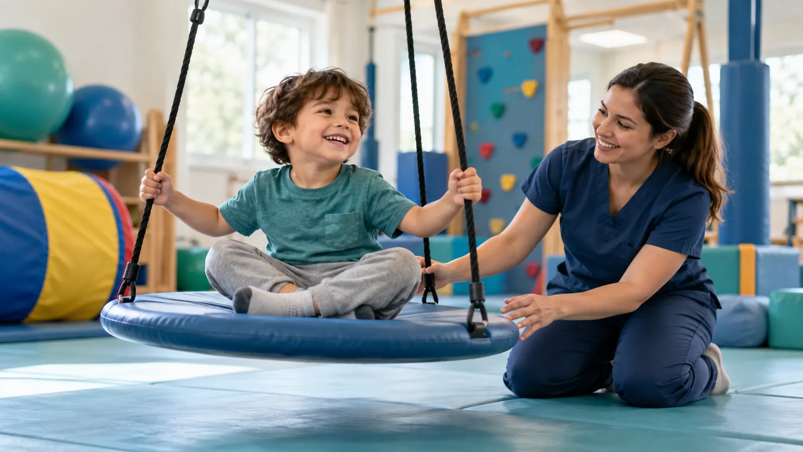 Child on a platform swing for vestibular input