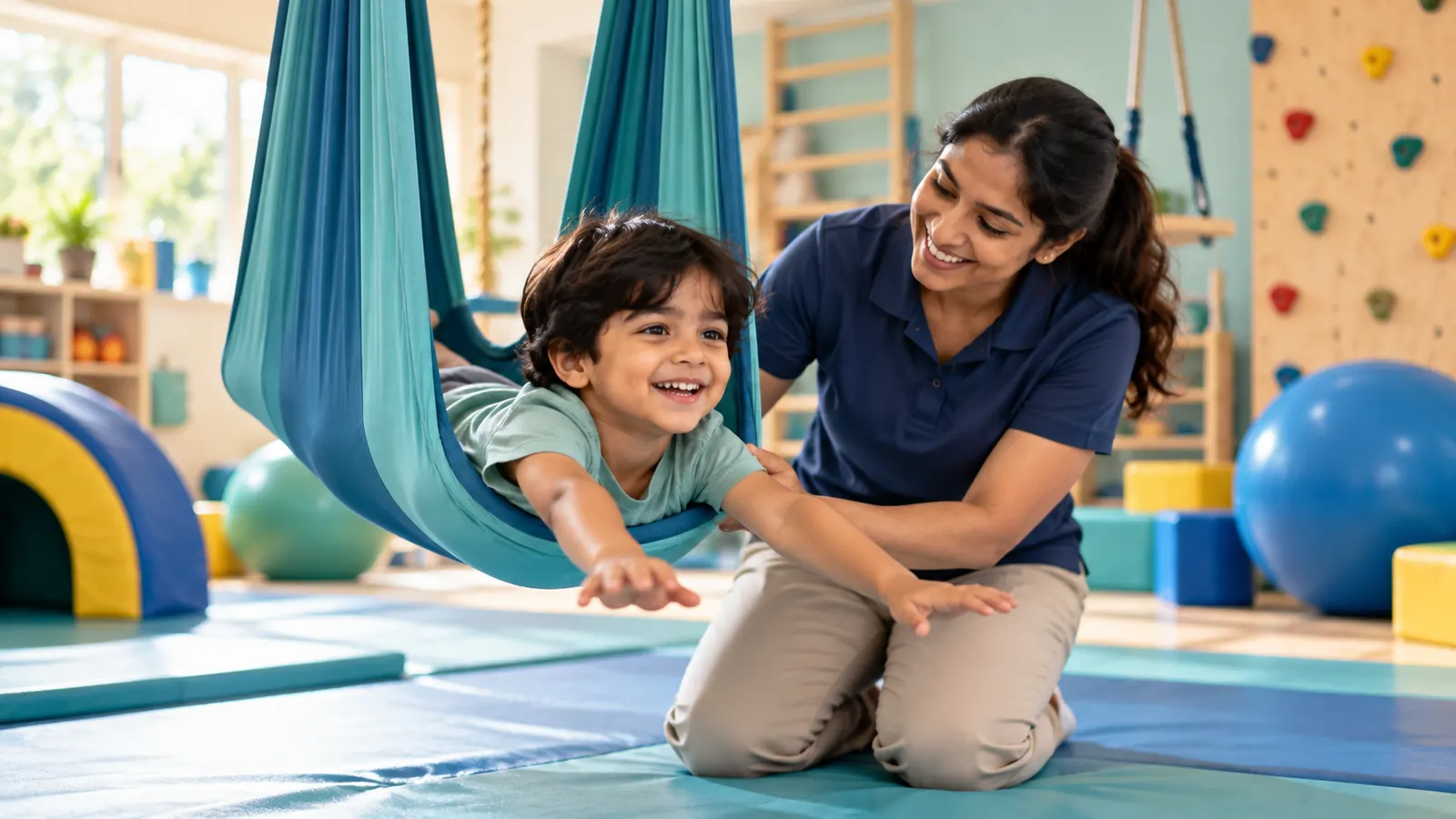Child in a hammock swing during sensory integration therapy
