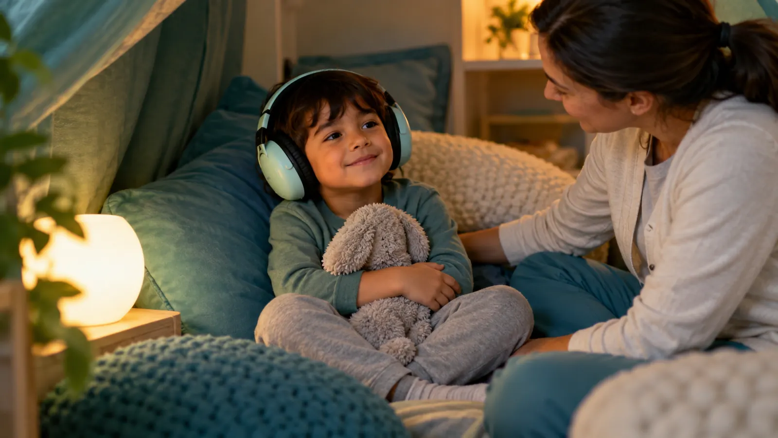 Child using ear defenders in a calm corner during sensory overload