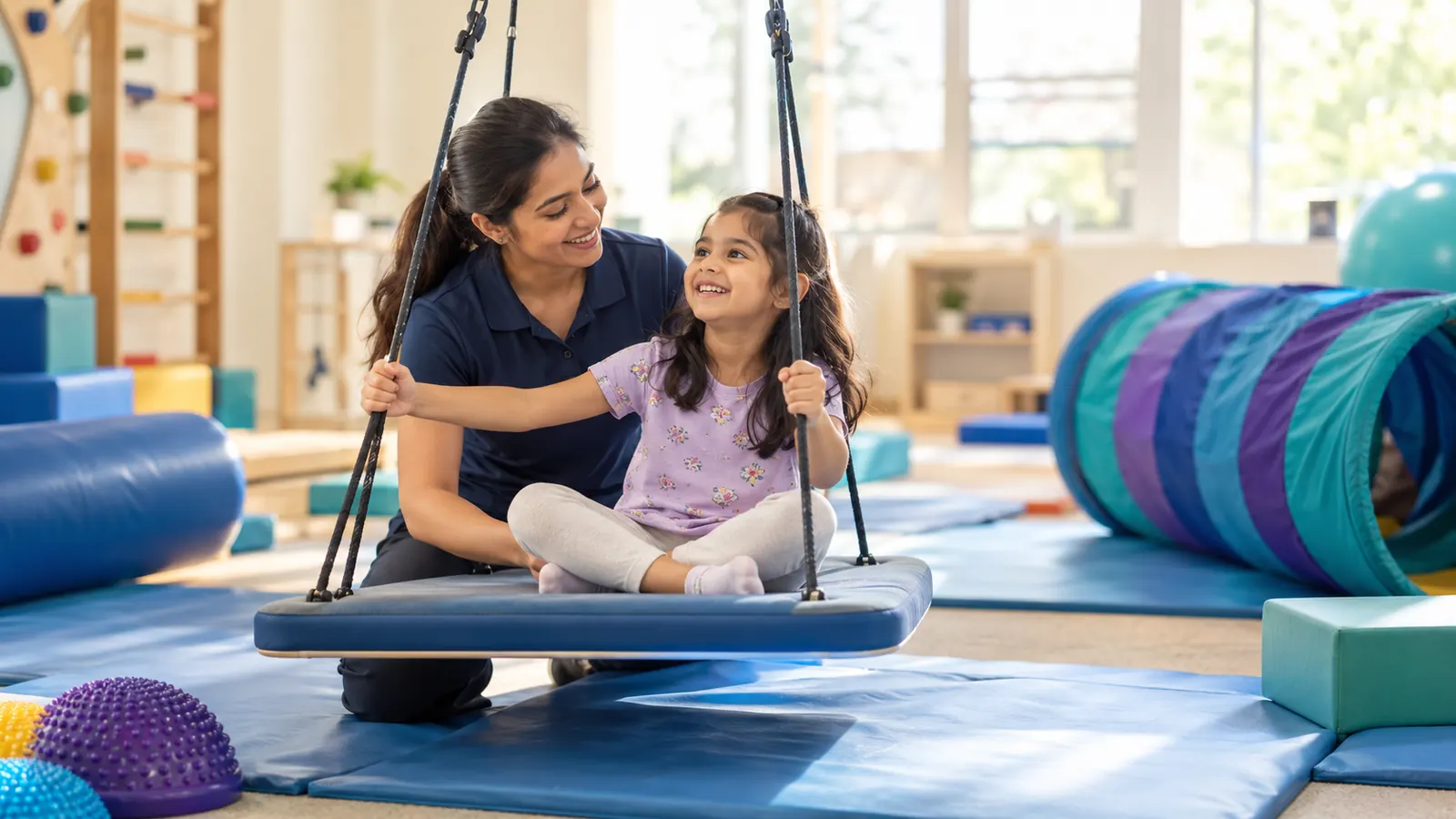 Occupational therapist supporting a child on a platform swing during a sensory session
