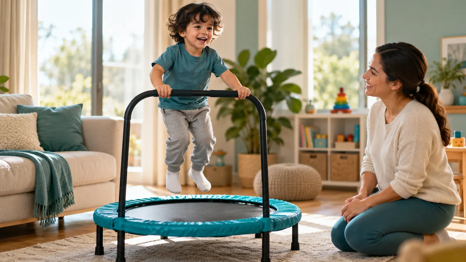 Child jumping on a mini trampoline for sensory input