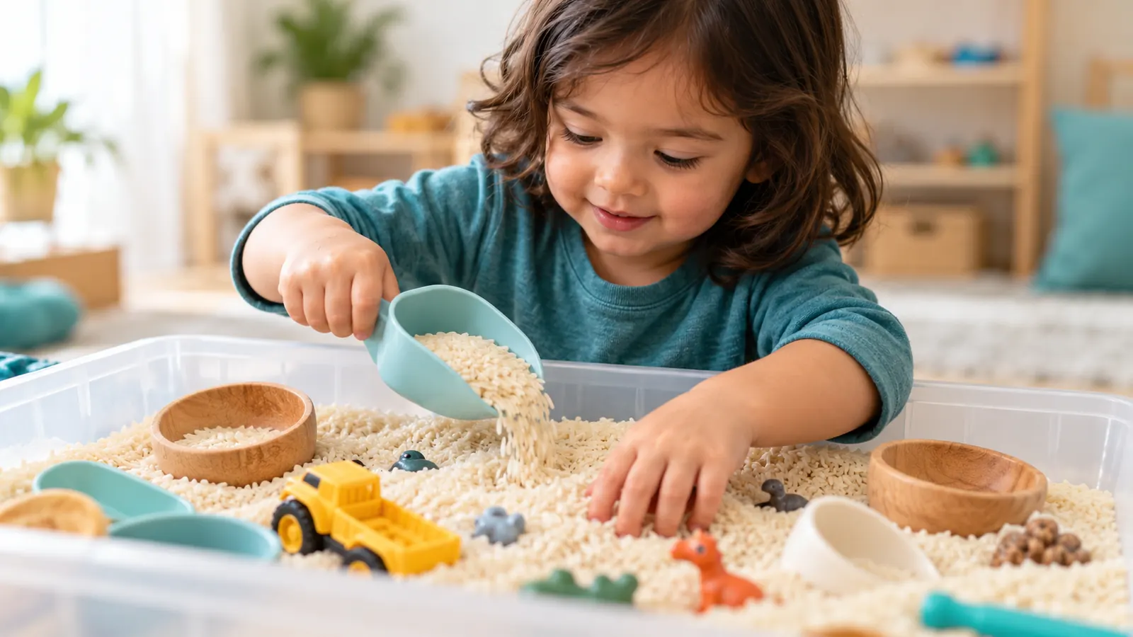 Child's hands exploring a rice sensory bin