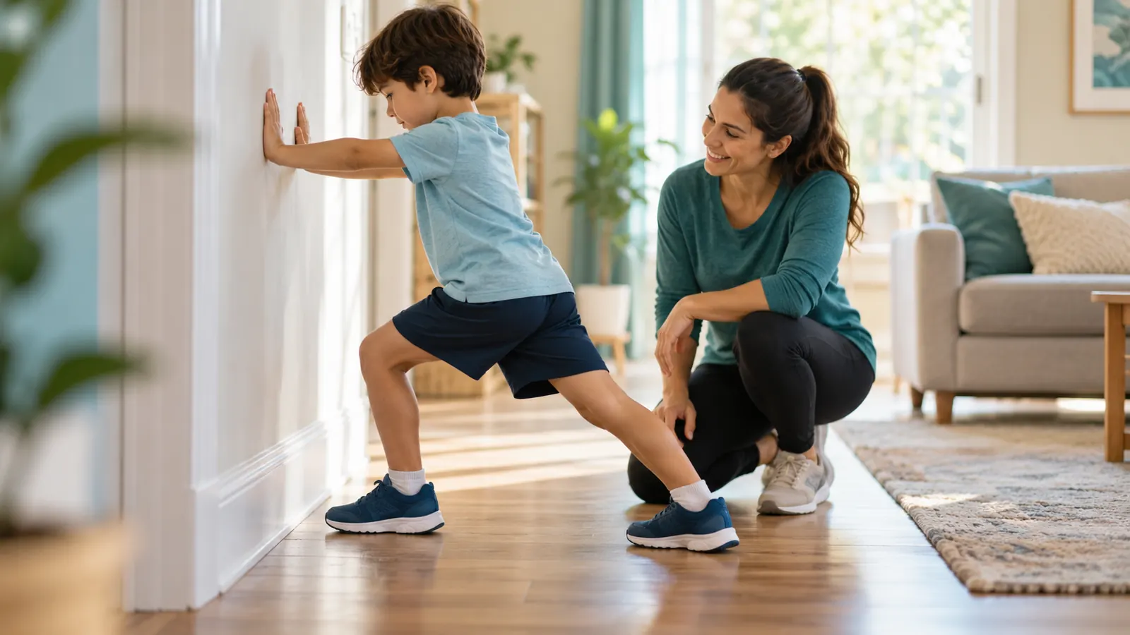Child doing a calf stretch for toe walking