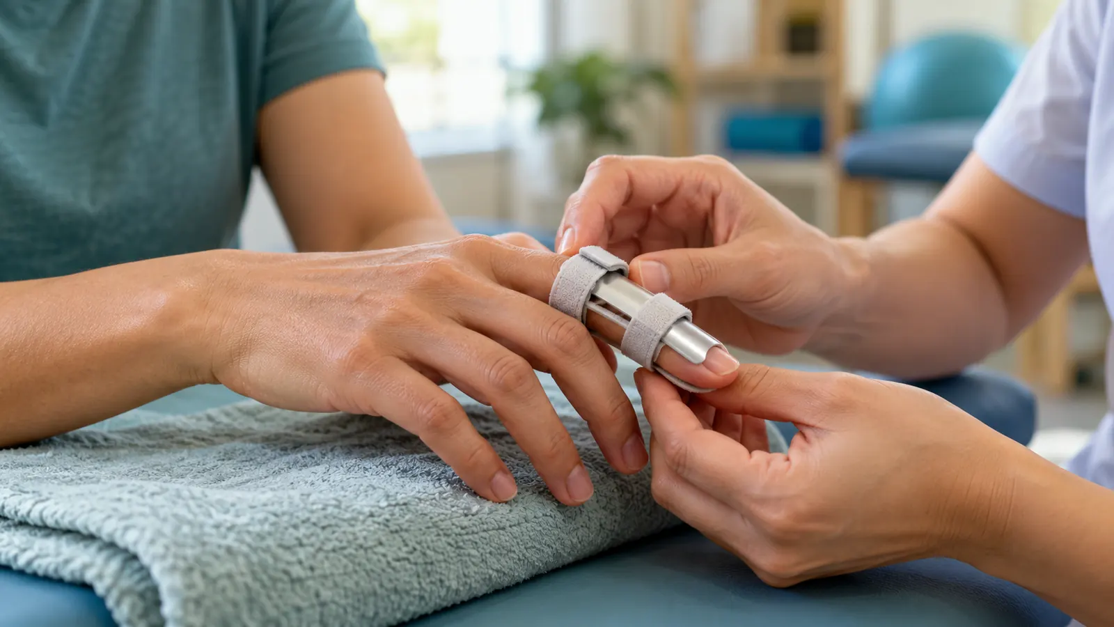 Hand with a trigger finger splint during hand therapy